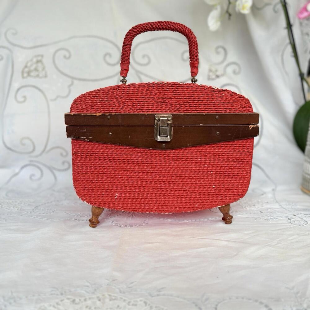 Vintage Red Rattan Singer Sewing Box with Red‎ Silk Tufted Interior
